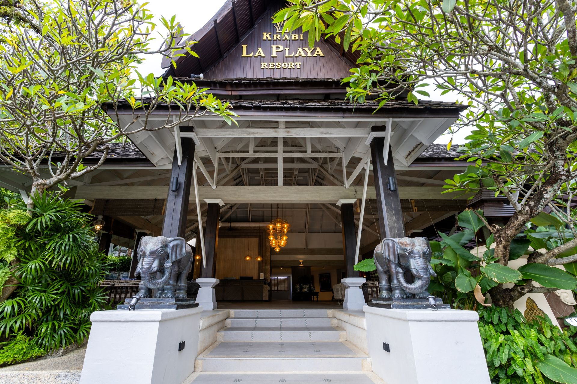 The resort entrance at night