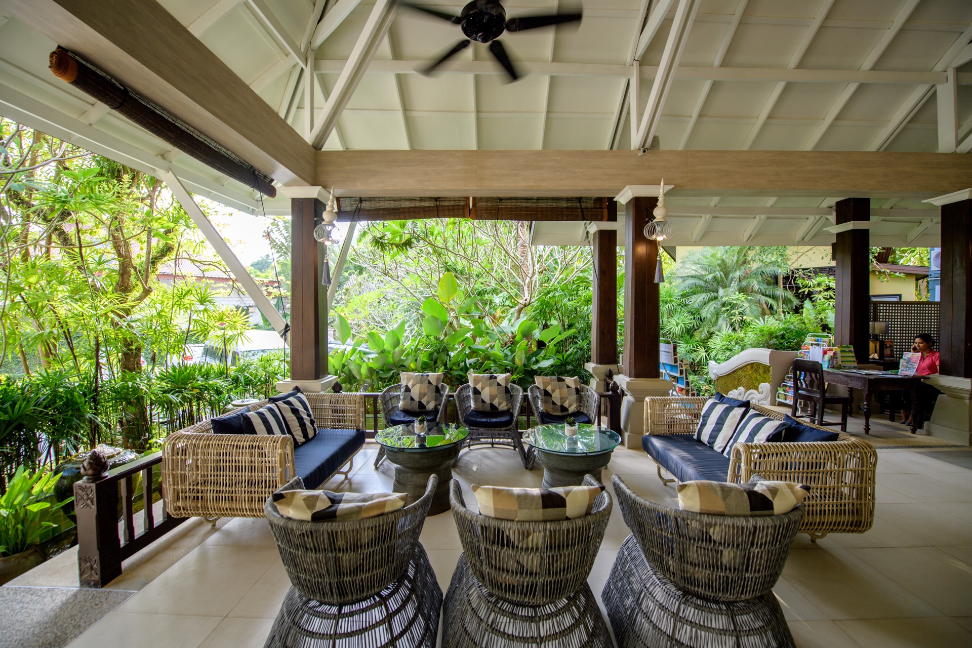 Lobby seating by the garden